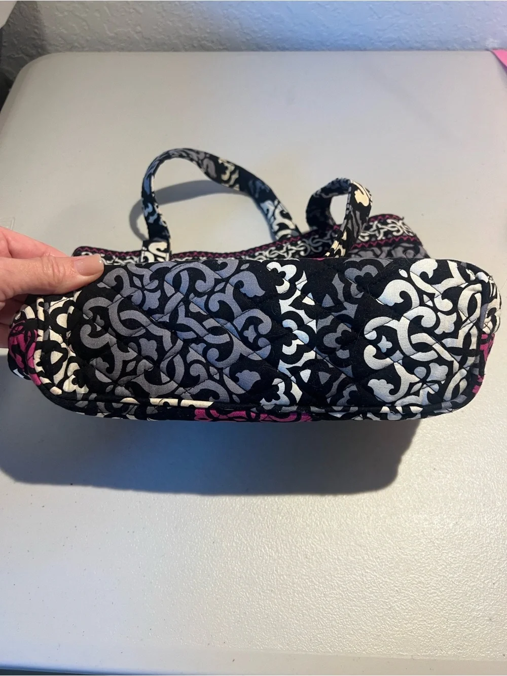 Vera Bradley Black Quilted Tote with Magenta and White Medallions